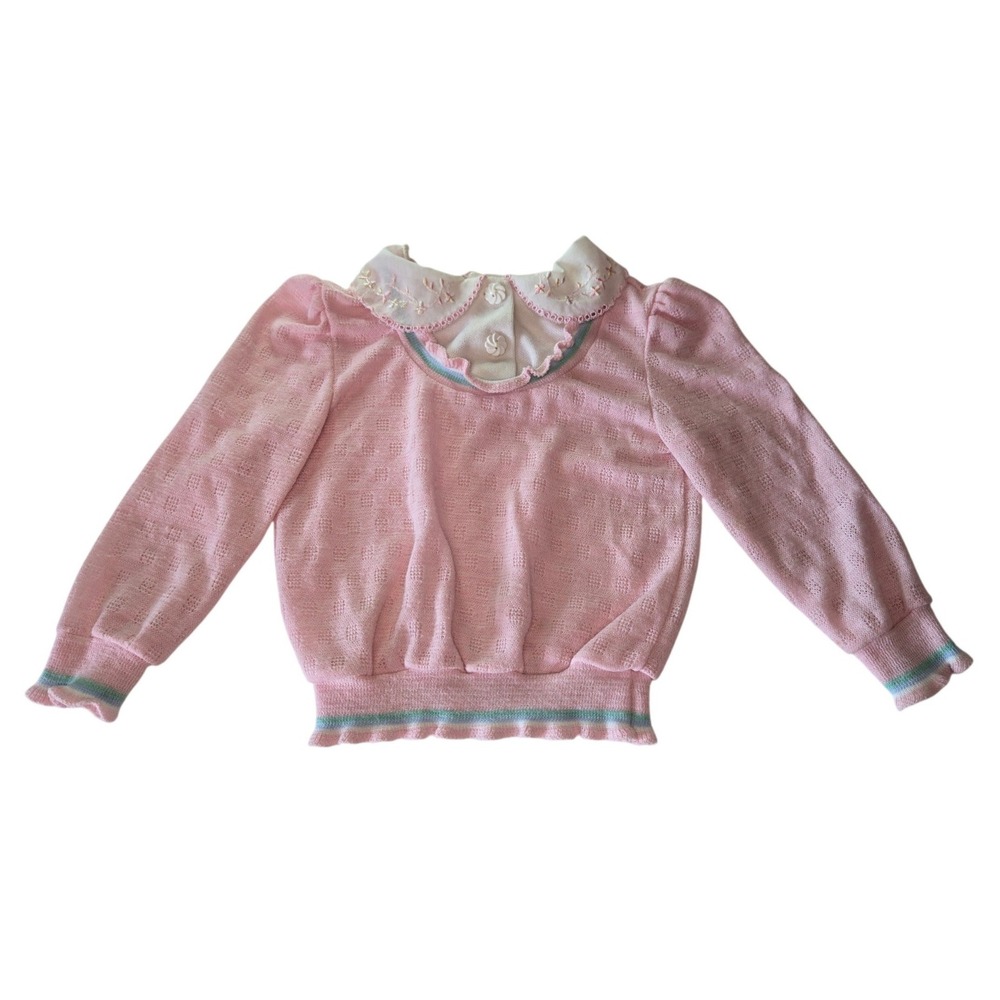 Vintage Bull Frog Knits 4T Pink Pointelle Sweater Embroidered Collar USA